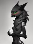 anthro beak black_body black_fur blush breasts claws egg female fluffy fur green_sclera green_tongue holding_egg holding_object looking_at_viewer neck_tuft simple_background slim small_breasts solo spots spotted_body spotted_fur tongue tuft white_background oldhroft shadow_(oldhroft) avian velari hi_res