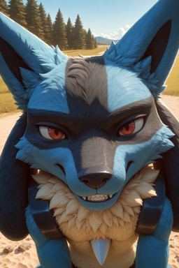 ambiguous_gender anthro black_body black_fur black_nose blue_body blue_fur blue_sky cheek_tuft chest_spike cloud day detailed_background detailed_fur facial_tuft fangs fluffy forest front_view fur glistening grass grin inner_ear_fluff looking_at_viewer male markings mountain multicolored_body multicolored_fur nature neck_tuft nude open_mouth outside plant red_eyes sharp_teeth sky smile smiling_at_viewer solo spikes spikes_(anatomy) standing tan_body tan_fur teeth tree tuft yellow_body yellow_fur hummuna nintendo pokemon canid canine generation_4_pokemon lucario mammal pokemon_(species) absurd_res detailed half-length_portrait hi_res portrait