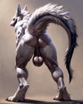 anthro balls big_balls butt genitals leaning leaning_forward looking_at_viewer male muscular muscular_male nude nude_male presenting presenting_balls presenting_hindquarters raised_tail rear_view saggy_balls solo auykac sergal hi_res