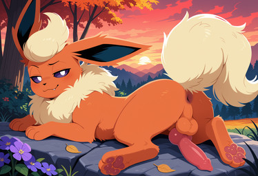 4_toes animal_genitalia animal_penis anus balls canine_genitalia canine_penis feet feral flower fluffy genitals head_tuft knot looking_at_viewer looking_back looking_back_at_viewer lying male on_front pawpads penis plant sheath smug solo sunset toes tuft fauxpaw nintendo pokemon eeveelution flareon generation_1_pokemon pokemon_(species)
