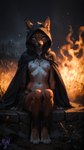 anthro blue_eyes breasts claws cloak clothed clothing eyeshadow female field fire fur hair hood looking_at_viewer makeup night nipples nude orange_body orange_fur outside smile solo tuft white_body white_fur gren_art canid canine fox mammal absurd_res hi_res watermark
