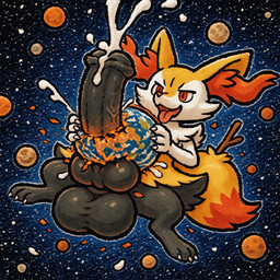 animal_genitalia animal_penis anthro balls big_balls black_penis bodily_fluids cum equine_penis genital_fluids genitals knot macro male penis planet_destruction planet_penetrated solo space thedavid nintendo pokemon braixen generation_6_pokemon pokemon_(species) hi_res
