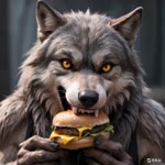 anthro burger close-up eating food looking_at_viewer male sharp_teeth smile solo teeth yellow_eyes joachim58 canid canine canis mammal were werecanid werecanine werewolf wolf animated headshot_portrait portrait webm