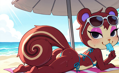anthro anus anus_peek beach beach_towel big_tail bikini blue_eyes butt clothing feet female food looking_at_viewer looking_back lying makeup micro_bikini mirakelpung on_front parasol popsicle popsicle_melting pussy_peek sea seaside seductive solo swimwear towel water animal_crossing nintendo pecan_(animal_crossing) mammal rodent sciurid tree_squirrel