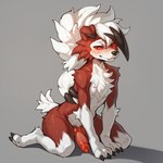 animal_genitalia animal_penis anthro blush canine_penis claws folded_ears genitals knot looking_at_viewer male nude penis red_eyes red_sclera simple_background sitting solo wariza mengxi canid canine generation_7_pokemon lycanroc mammal midnight_lycanroc pokemon_(species) absurd_res hi_res