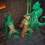 abs angry anthro assimilation balls blep bodily_fluids dungeon genital_fluids genitals goo_transformation group heart_symbol irrumatio kneeling leaking_precum male male/male nipples oral pecs penile penis precum restrained_by_tentacles sex standing tongue tongue_out transformation trio latentspaceman goo_creature hyaenid mammal hi_res