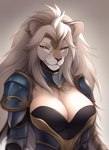 aeanohr anthro armor breasts cleavage cleavage_overflow clothed clothing felid female hair inner_ear_fluff lion looking_at_viewer mammal narrowed_eyes pantherine seductive simple_background smile solo standing tuft white_hair yellow_eyes