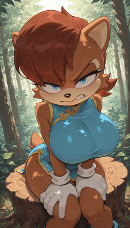 angry anthro asian_clothing big_breasts blue_eyes breasts brown_body brown_fur brown_hair chinese_clothing chinese_dress clothing dress east_asian_clothing eyelashes female fur gloves hair handwear huge_breasts looking_at_viewer nature nature_background outside plant short_hair sitting solo tail teeth tree crody sega sonic_the_hedgehog_(archie) sonic_the_hedgehog_(series) sally_acorn chipmunk ground_squirrel mammal rodent sciurid hi_res