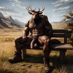 1:1 abs alternate_version_at_source anthro antlers backpack balls big_balls big_penis brown_hair buck_(disambiguation) cervid clothing colorful detailed flaccid footwear fur genitals hair hi_res horn humanoid_genitalia humanoid_penis light lighting looking_at_viewer male mammal muscular muscular_anthro muscular_male nipples notte nude outdoors outside pecs penis portrait presenting presenting_penis realistic shaded shoes sitting sitting_on_bench soft_shading solo spots