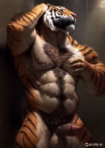 anthro armpit_hair body_hair chest_tuft erection eyes_closed genitals inside male muscular penis pubes rubber_skin satisfied_expression shower_room showering solo tuft water joachim58 felid mammal pantherine tiger animated webm