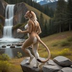 anthro blonde_hair digitigrade female forest fur hair hill lake mane mane_hair mountains multicolored_body multicolored_fur nude plant ponyrealism_(model) rock smile solo standing tan_body tan_fur tree waterfall white_body white_fur director_crashbandit cougar felid feline mammal pantherine