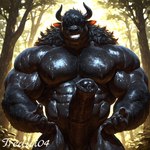 animal_genitalia animal_penis balls black_body black_hair equine_penis genitals hair hairy inviting_to_sex male muscular penis plant sex_expression smile smiling_at_viewer solo tree tredici04 rocco_(tredici04) bovid bovine humanoid mammal minotaur hi_res