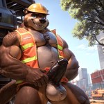 absurd_res anthro armor balls bara beaver belly big_penis bodily_fluids clothing exhibitionism genitals hard_hat headgear helmet hi_res male mammal nipples outdoors outside pecs penis pup_tobey rodent solo sweat sweaty topwear vest