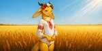 5_fingers accessory anthro blue_sky bottomless clothed clothing featureless_crotch female field fingers flower flower_in_hair fluffy fur green_eyes hair hair_accessory horn light long_ears looking_at_viewer neck_tuft plant shirt shy sky smile solo standing sunlight thick_tail topwear tuft wheat_field white_clothing white_shirt white_topwear yellow_body yellow_fur oldhroft furred_kobold kobold absurd_res hi_res