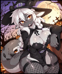 5_fingers anthro armwear belt black_clothing blush braided_hair breasts cemetery claws cleavage cloak clothed clothing detached_sleeves eyewear female fingers fishnet fishnet_legwear freckles front_view glasses grey_body hair hair_between_eyes halloween hand_between_legs hat headgear headwear horn jack-o'-lantern legwear long_hair long_tail looking_at_viewer moon mythology open_mouth outside plant side_boob sky solo spots spotted_body star starry_sky thigh_highs tombstone tongue tree white_hair witch_clothes witch_hat kayda_hematite kayda_(kayda_hematite) dragon mythological_creature mythological_scalie scalie hi_res