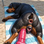 animal_genitalia animal_pussy black_body black_fur bodily_fluids canine_genitalia canine_pussy dildo female feral fur genitals presenting pussy sex_toy solo solo_focus director_donki canid canine canis domestic_dog mammal mastiff molosser rottweiler