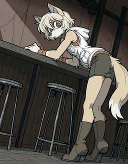 alternate_species arm_support bar bar_stool biped black_nose boots bottomwear brown_eyes clothed clothing dipstick_tail female footwear fur furniture furrification hair hoodie inside kemono leaning leaning_forward looking_at_viewer looking_back markings short_hair shorts skirt solo standing stool tail tail_markings tan_body tan_fur tan_hair topwear tuft white_body white_fur unknown_director heather_mason_(silent_hill) canid canine canis domestic_dog fox mammal hi_res