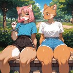 anthro blush bottomwear clothing dialogue duo female food fur grass green_eyes hair implied_oral looking_at_another park pink_hair plant popsicle shirt shorts sitting t-shirt tan_body tan_fur text thick_thighs topwear tree wheel_of_fortune ambiguous_species mammal hi_res