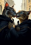 anthro clothing duo ear_piercing ear_ring female kissing male male/female piercing public ring_piercing robe hyperion felid feline khajiit mammal hi_res