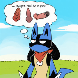 animal_genitalia animal_penis anthro bandanna blank_expression canine_genitalia canine_penis chest_spike daydream disembodied_penis equine_penis erection genitals grass kerchief knot male mouthless penis plant red_eyes ridged_penis solo spikes spikes_(anatomy) text thought_bubble toony unknown_director nintendo pokemon pokemon_mystery_dungeon spike_chunsoft generation_4_pokemon lucario pokemon_(species)