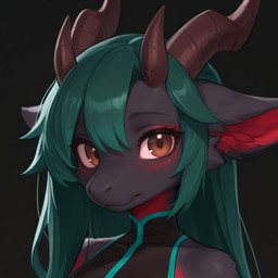 anthro asian_clothing biped black_background brown_eyes brown_horn chinese_clothing clothing countershading east_asian_clothing eyeshadow female fur grey_body grey_fur hair horn looking_at_viewer makeup mythology red_body red_countershading red_eyeshadow red_inner_ear simple_background solo teal_hair smaugthedragon dragon furred_dragon mythological_creature mythological_scalie scalie 1:1 headshot_portrait icon portrait