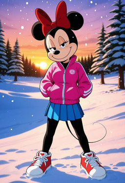 accessory anthro bottomwear bow_ribbon breasts clothed clothing coat dress eyelashes female footwear forest forest_background fully_clothed hair_accessory hair_bow hair_ribbon half-closed_eyes hand_in_pocket hands_in_both_pockets hoodie jacket legwear looking_at_viewer narrowed_eyes nature nature_background outside plant pockets ribbons shoes skirt smile smug snow snowing solo topwear tree winter winter_background winter_clothing winter_coat boxen549 disney minnie_mouse mammal mouse murid murine rodent hi_res