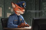 annoyed anthro chair clothing desk detailed_background disney furniture hat headgear headwear male monitor necktie on_chair paper pen police police_uniform sitting sitting_on_chair solo table text uniform anonymous_director zootopia nick_wilde canid canine fox mammal english_text