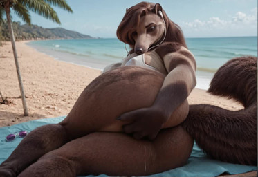 anthro beach big_tail bikini bikini_top bodily_fluids brown_body brown_eyes brown_fur butt butt_grab clothing day eyewear female fur genital_fluids genitals hand_on_butt headphones long_snout looking_at_viewer looking_back lying multicolored_body multicolored_fur pussy pussy_juice realistic realistic_fur realistic_lighting rear_view sand sea seaside snout solo spread_butt spreading sunglasses swimwear tail tan_body tan_fur thick_thighs two_tone_body two_tone_fur water nnam_si3 anteater mammal pilosan xenarthran animated prompt_metainfo short_playtime webm