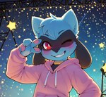 ambiguous_gender anthro blush clothing cosmic_background fangs gesture head_tuft hoodie one_eye_closed pawpads pink_pawpads pupils red_eyes smile solo star starry_background teeth topwear tuft v_sign white_pupils wink lucalex nintendo pokemon generation_4_pokemon pokemon_(species) riolu