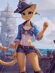 anthro belt bottomwear breasts clothed clothing crop_top cropped_jacket female front_view jewelry miniskirt navel necklace pirate pirate_hat sea ship shirt skirt solo topwear under_boob vehicle water watercraft foxgirlai katia_managan felid khajiit mammal hi_res