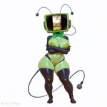antennae_(anatomy) anthro arm_under_breasts big_breasts bow_tie breasts clothed clothing crossed_arms electronics female for_a_head glistening green_body legwear machine navel screen screen_face simple_background solo standing tail television thick_thighs thigh_highs underwear white_background wide_hips slop_dragon dandy's_world vee_(dandy's_world) humanoid object_head robot screen_head portrait