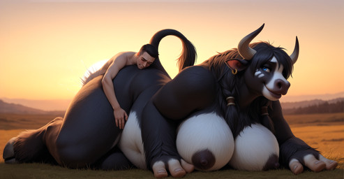 3_fingers 4_fingers ambiguous_penetration anthro belly big_breasts big_butt big_feet big_hands black_body black_fur black_hair blue_eyes bodily_fluids breasts butt butt_grab clenched_teeth cloven_hooves dark_nipples duo embrace eyes_closed feet female fingers from_behind_position fur fuzzy genital_fluids grass hair half-closed_eyes hand_on_butt hand_on_leg hand_on_thigh hooves horn hug huge_breasts hugging_from_behind human_on_anthro interspecies larger_female leaning leaning_forward looking_at_another looking_at_partner looking_back lying lying_on_another male male/female mane muscular muscular_arms muscular_female muscular_legs narrowed_eyes nipple_dip nude on_front on_grass on_ground penetration plains plant scenery sex size_difference smaller_male smile speed_bump_position sunset tail tail_tuft teeth thick_thighs thrusting tuft white_body white_fur anonymous_director warcraft bovid bovine human mammal tauren hi_res