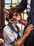 anthro brown_eyes brown_hair cattorihanzo clothing domestic_cat duo felid feline felis fellatio female hair hi_res male male/female mammal oral penile school school_uniform sex short_hair stable_diffusion uniform