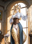 anthro bottomless clothed clothing corset_dress female genitals hand_on_hip inside looking_at_viewer pussy solo standing window denis0k felid leopard mammal pantherine hi_res