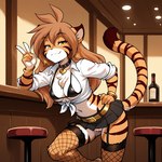 anthro arm_support bar bar_stool belt bent_knee bottle bottomwear bra bracelet breasts brown_hair ceiling chest_tuft clothed clothing collar collar_tag collared_shirt ear_piercing ear_ring exposed_breasts female fishnet fishnet_legwear fishnet_thigh_highs fur furniture garter_straps genitals gesture hair half-closed_eyes hand_on_hip heart_collar_tag hoop_ear_ring inside jewelry leaning leaning_forward leaning_on_counter leaning_on_elbow legwear looking_at_viewer medium_breasts midriff miniskirt narrowed_eyes no_underwear on_one_leg open_clothing open_shirt open_topwear orange_body orange_fur piercing pleated_skirt pose prompt pussy raised_tail ring_piercing rolled_up_sleeves shirt skimpy skirt smile solo standing stool thigh_highs tied_shirt topwear tuft underwear upskirt v_sign white_body white_fur yellow_eyes limid twokinds flora_(twokinds) felid mammal pantherine tiger 2025