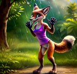 anthro blue_eyes bottomless breasts canid canine clothed clothing female forest fox fox_ears fox_tail fur genitals gesture grass ground ground_pound leaf mammal methuzalach multicolored_body multicolored_fur plant purple_clothing pussy raining shirt smile solo stable_diffusion tank_top tongue tongue_out topwear tree waving wet wet_body wet_clothing wet_fur