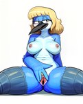 anthro bangs beak black_eyes blonde_hair blue_body blue_skin breasts cartoon_network countershading eyebrows eyeliner feathers female front_view genitals hair looking_aside makeup narrowed_eyes navel nipples non-mammal_breasts non-mammal_nipples nude open_mouth pubes pussy regular_show simple_background sitting solo spread_legs spread_pussy spreading thick_thighs tongue urethra white_background cloud9999 hilary_(regular_show) avian bird blue_jay corvid jay_(bird) new_world_jay oscine passerine absurd_res colored hi_res portrait three-quarter_portrait