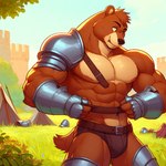 anthro armor belt bulge castle clothing grass male mammal muscular nipples plant shirtless solo tent underwear ursid zidanes123