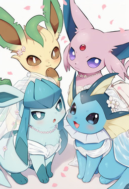 blue_body blue_eyes blue_fur blush blush_lines brown_eyes clothing dress eyelashes female feral flower fur group looking_at_viewer open_mouth paws petals plant purple_body purple_eyes purple_fur simple_background sitting tail tan_body tan_fur tongue wedding_dress kaigamiaikemono nintendo pokemon eeveelution espeon generation_1_pokemon generation_2_pokemon generation_4_pokemon glaceon leafeon pokemon_(species) vaporeon 2025 hi_res