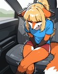 anthro bangs blonde_hair blue_clothing blue_shirt blue_topwear bottomwear breasts brown_body brown_fur car clenched_teeth clothed clothing covering covering_crotch crossed_legs ears_down eyes_closed female front_view fur hair holding_crotch hotpants inside_car long_hair multicolored_body multicolored_fur omorashi orange_body orange_fur pivoted_ears ponytail red_bottomwear red_clothing shaking shirt shorts sitting small_breasts solo t-shirt teeth topwear trembling vehicle white_body white_fur betanpcai canid canine fox mammal hi_res