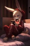 anthro bed blonde_hair bottomwear braided_hair clothed clothing feet female fully_clothed fur furniture fuzzy_logic hair happy hi_res holding_object hoodie inside lagomorph leporid long_ears mammal pillow rabbit raised_clothing raised_hoodie raised_topwear red_clothing red_eyes sitting smile solo tablet tan_body tan_fur topwear tracksuit