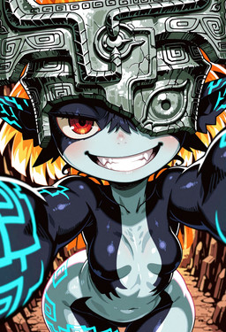 breasts eyelashes female half-closed_eyes humanoid_pointy_ears narrowed_eyes navel red_eyes smile smiling_at_viewer solo teeth justibreak nintendo the_legend_of_zelda the_legend_of_zelda_twilight_princess midna humanoid imp absurd_res hi_res