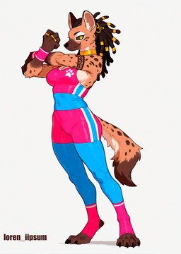 accessory anthro arm_tattoo black_sclera blue_clothing bottomwear bra breasts brown_body brown_fur cheek_tuft clothing countershading digitigrade dreadlocks eyebrows facial_tuft female footprint footwear fur gym_bottomwear gym_clothing gym_shorts hair_accessory inner_ear_fluff leg_markings looking_at_viewer markings medium_breasts neck_ring one_fang pawprint pink_clothing ring_(jewelry) shorts simple_background socks socks_(marking) solo spandex spandex_shorts spandex_suit sports_bra sportswear stretching tail tail_markings tail_tuft tattoo tight_clothing tuft underwear white_background white_body white_countershading white_eyeshadow white_fur wristband yellow_eyes loren_iipsum hyaenid mammal hi_res portrait three-quarter_portrait watermark