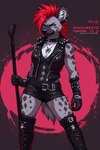 belt blue_eyes bottomwear clothing collar female fur grey_body grey_fur hair high_boots leather leather_clothing red_hair shorts solo spots topwear vest icefoxai trrith_(character) hyaenid mammal hi_res