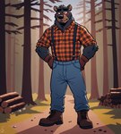 anthro beard black_body black_fur black_nose blush boots bottomwear clothed clothing denim denim_clothing facial_hair flannel_shirt footwear forest front_view fully_clothed fur gloves hands_on_hips handwear jeans looking_at_viewer male muscular muscular_male outside pants pattern_clothing pattern_shirt pattern_topwear plaid plaid_clothing plaid_shirt plaid_topwear plant rolled_up_sleeves shirt solo standing suspenders teeth topwear tree fox1400 black_bear mammal ursid ursine absurd_res full-length_portrait hi_res portrait watermark