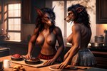 anthro areola big_breasts black_body black_fur blizzard_entertainment bottomwear breakfast breasts canid canine clothed clothing duo female female/female fur kauket kitchen mammal miniskirt nipples skirt topless warcraft were werecanid werecanine worgen world_of_warcraft