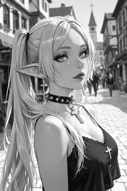 anthro breasts choker cleavage clothed clothing crop_top ear_piercing ear_ring eyelashes female hair humanoid_pointy_ears jewelry lips long_hair looking_at_viewer necklace outside piercing ring_piercing shirt solo spiked_choker spikes topwear twintails_(hairstyle) upper_body phinjo frieren:_beyond_journey's_end frieren elf humanoid hi_res monochrome