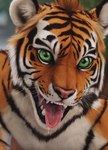 ambiguous_gender anthro bodily_fluids close-up dripping felid fur green_eyes headshot headshot_portrait hi_res mammal orange_body orange_fur pantherine portrait saliva saliva_drip saliva_string solo stablexai stripes teeth tiger tongue tongue_out white_body white_fur