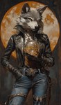 anthro belt bottomwear clothing collar denim denim_clothing female fur gloves grey_body grey_fur handwear jacket jeans jewelry leather leather_clothing leather_jacket leather_topwear necklace orb pants solo topwear bahufaru leslie_sarcina_(bahufaru) canid canine canis mammal wolf hi_res