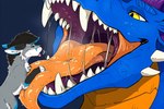 ambiguous_gender anthro blue_body bodily_fluids drooling duo eyes_closed fangs feral grey_body imminent_vore mouth_shot open_mouth orange_body saliva simple_background teeth tongue tongue_out willing_prey yellow_eyes loganth canid canine dragon mammal